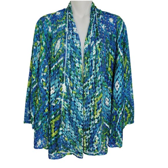 Ruby Rd Womens Cardigan Medium Open Front Teal Multi Colored Crochet Open Knit - Picture 1 of 9